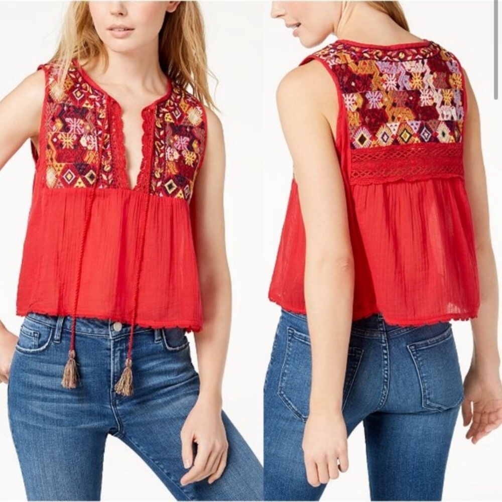 Free People Red Embroidered Lohri Tank Top